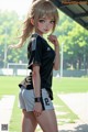 A girl in a black shirt and white shorts standing on a soccer field.