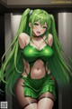 A woman with long green hair wearing a green bikini.