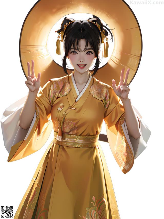 A woman in a yellow kimono holding up two peace signs.