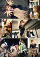 A collage of photos of a girl in a school uniform.