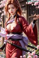 A woman in traditional attire holds a sword amidst blooming flowers.